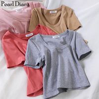 Wholesale Women s T Shirt Pearl Diary Women Knit Tshirts Summer Short Sleeve Simple Tee Round Neck Solid Casual Crop Top Tshirt Streetwear