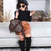 Wholesale Two Piece Girls Set Kids Clothes Pullovers Dress Suit Fashion Designers Autumn Pure Color High Collar Long Sleeve Button Leather Skirt H71O70P