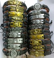 Wholesale 20PCS Men Assorted Skull Pattern Leather Alloy Bronze Bracelets Wristbands Bangles Cuff Punk Cool Jewelry Party Wrist