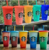 Wholesale 24OZ Color Starbucks Change Tumblers Plastic Drinking Juice Cup With Lip And Straw Magic Coffee Mug Costom colors changing plastic cup FY4460 C0114