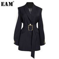 Wholesale EAM Loose Fit Black Spliced Hit Color Belt Jacket New Lapel Long Sleeve Women Coat Fashion Tide Spring Autumn A879 Y0827