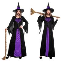 Wholesale Halloween Witch Vampire Costumes for Women Adult Scary Purple Carnival Party Performance Drama Masquerade Clothing with Hat