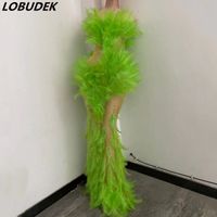 Wholesale Sexy Rhinestones See Through Mesh Mermaid Runway Dresses Lady Halter Perspective Green Feathers Crystal Evening Party Catwalk Long Dress Singer Model Stage Wear