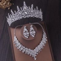 Wholesale Earrings Necklace Luxury Silver Color Crystal Bridal Jewelry Sets Rhinestone Tiaras Crown Choker Women Wedding Dubai Set