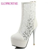 Wholesale Lloprost Ke Design Lace Shoes Summer Booties Round Toes Zipper High Heel Back Ankle Boots Woman Sandals White H105