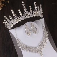 Wholesale Earrings Necklace Wedding Jewelry Sets For Women African Beads Pearl Set Fashion Crystal Dubai Rhinestone Bridal Tiaras Crown