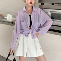 Wholesale 2021 New Women Chiffon Blouse Long Sleeve Spring Summer Lilac Tops Pocket Thin Sunscreen Shirt Bikini Cover Up Beachwear Hrir