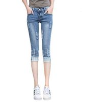 Wholesale Jeans Women s point Summer Korean Elastic Holed Pants Large Size Tight Small Leg Middle Pants