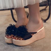 Wholesale Sandals Fashion Ladies Wedge Slippers Spring Summer Flowers Fabric PlatformThick Bottom Slope Heels Flip Flops Beach