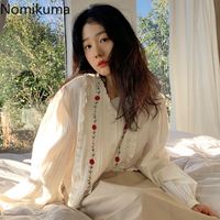 Wholesale Women s Blouses Shirts Nomikuma Flower Embroidery Vintage Women Single Breasted Casual Loose Long Sleeve Blouse Korean Chic Tops Blusas Mu