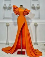 Wholesale Aso Ebi Arabic Stylish Orange Sheath Evening Dresses Crystals Short Sleeves Prom Dresses Sexy Formal Party Second Reception Gowns