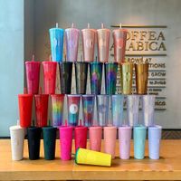 Wholesale 24oz Personalized Starbucks Mugs Iridescent Bling Rainbow Unicorn Studded Cold Cup Tumbler Coffee Mug with Straw Reusable Clear Drinking