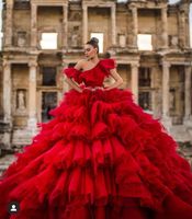 Wholesale Casual Dresses Gorgeous Puffy Red Tulle Wedding Prom Gowns Ruffles Tiered Long Formal Party Dress Lush Ball Bridal