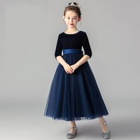 Wholesale Girl Dresses Ball Gown Princess Navy Blue Flower Girl Scoop Neck with Sleeves B3