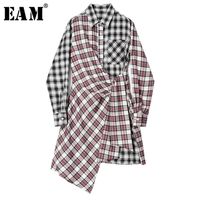 Wholesale EAM Women Black Red Plaid Asymmetrical Dress Lapel Long Sleeve Loose Fit Fashion Spring Autumn S6