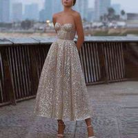 Wholesale Golden Sexy Deep V Tube Top Shiny Short Sweetheart Halter Neck and Ankle Long Bridal Gown Shiny Party Dress Ladies Apparel Y1204