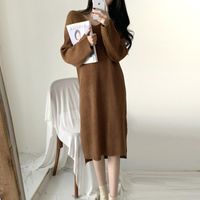 Wholesale Casual Dresses Elegant Women Clothes Solid Brown Sweater Dress Autumn Winter V Neck Korean Fashion Thick Knitwear Loose Midi Woman