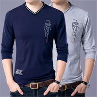 Wholesale Fashion Trend Long Sleeve Tee Tops Casual Male Casual Apparel Designer Slim Mens V Neck Tshirts Pure Color Long T shirt Clothing