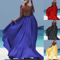 Wholesale Casual Dresses Women s Fashion Sexy Solid Color Lace up Backless Halter Beach Dress Ladies O neck Sling Long Wedding Party Gowns