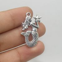 Wholesale 6pcs mm sided antique silver plated mermaid with star fish charm pendant for jewelry making