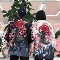 Wholesale Women s Blouses Shirts Summer Couple Chiffon Japanese Wave Squid Prints Tops Kimono Fashion Casual Fun Band Bandwidth Pine Long Sleeve Shi