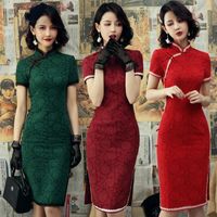 Wholesale Ethnic Clothing Cheongsam Sexy Summer Lace Elegant Chinese Style Dress Slim Red Green Cotton Qipao Short Sleeve Plus Size Dresses For Women