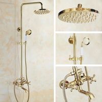 Wholesale Bathroom Shower Sets Gold Color Brass Two Cross Handles Wall Mounted Rain Head Bath Tub Faucet Set Telephone Shape Hand Spray Mgf392