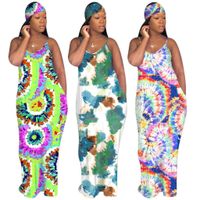 Wholesale SUmmer Tie dye Printed Women s Maxi Dress With Headscarf Suit Fashion One Shoulder Sleeveless Girl s Flora Dresses Headwear Two piece Brief Sets G64VW59