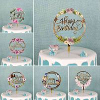 Wholesale Acrylic Wreaths Christmas Cupcake Toppers Insert Baby Girl Happy Birthday Lace Letter Party Decor Kids Cake Accessories Supplies ZXFTL0232