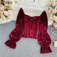 Wholesale Women s Blouses Shirts Spring Women Elegant Velvet Square Collar Puff Sleeve Bow Red Pink Pleated Waist Ruffles Slim Vintage Ladies Tops A