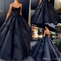 Wholesale 2021 Sexy Black Spaghetti Straps Satin Ball Gown Evening Dresses Sleeveless Lace Appliques Backless Plus Size Prom Quinceanera Dresses BA7789