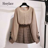 Wholesale Autumn Winter Knitted Long Sleeve Sweater Top And Tweed Woollen Plaid High Waist Mini shorts Skirts Sets Korean Casual Outfits G0113