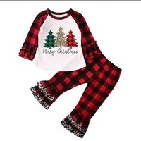 Wholesale Kids Children s girls Xmas clothes bufflo plaid blouses hoodie tops and flounce pants outfits two piece tracksuit pajamas Merry Christmas letter clothing H914OD26