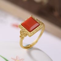 Wholesale S925 Sterling Silver Gilded Southern Red Agate Ring Retro Classic Carving Pattern Cut Corner Elegant Girls Women Rings K0128