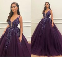 Wholesale Sexy Deep V Neck Dark Purple Evening Dresses Sequins Beads Ball Gown Prom Dress Sweep Train Custom Party Gowns