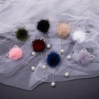 Wholesale rhinestone rabbit ears plug in long brooch real mink hair fur ball pins for women handmade boutonniere stick pin lapel brooches
