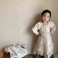 Wholesale Spring and Autumn New Arrival korean style girl s dress princess long sleeve two pieces with lace mesh apron for cute baby girls G1129