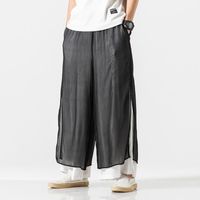 Wholesale Men s Pants Japan Style Streetwear Double Layer Wide Leg Elastic Waist Linen Trousers Casual Summer Loose Fit Flowy Gaucho