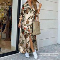 Wholesale Women Long Sleeve Flowers Leopard Camo Print Fashion Split Hem Maxi Shirt Dress