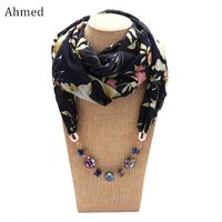 Wholesale Pendant Necklaces Ahmed Fashion Chiffon Printed Colorful Beads Scarf For Women Bohemian Statement Collar Necklace Scarves Jewelry