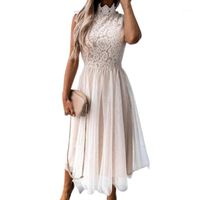 Wholesale Casual Dresses Vintage Women Dress Mesh Patchwork Lace Stand Collar Large Hem Elegant Summer For Dating Party Wear Prom Black Xl Vestidos