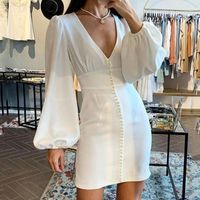 Wholesale Casual Dresses Dress Women Party White Formal Elegant Sexy Puff Sleeve Deep V neck Wedding Solid Short