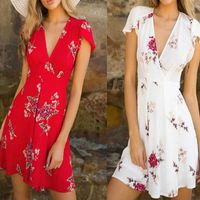 Wholesale Casual Dresses Fashion Summer Women Dress Short Sleeve Print Floral Deep V Neck Mini Sexy For Pary Clothes