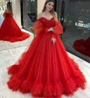 Wholesale Red Wedding Dresses Beach A line Wedding Dress Plus Size Bridal Gowns Long Puff Sleeve Lace Tulle Boho Sweep Train Wave Details