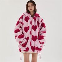 Wholesale Heart Print Jacket Women for Valentine s Day Winter Zipper Hooded Flannel Parka Harajuku Lambswool Sherpa Streetwear Couple Coat