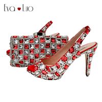Wholesale Dress Shoes BS947 Custom Made Red Silver Crystal Italian With Matching Bag Set High Heels Slingbacks Women Pumps