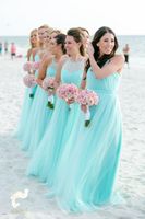 Wholesale Fashion Light Turquoise Bridesmaids Dresses Plus size Beach Tulle Cheap Wedding Guest Party Dress Long Pleated Evening Gowns