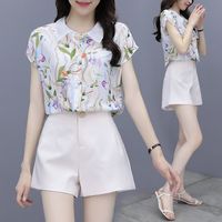Wholesale Women s Two Piece Set Shirt pants Short Sleee Printed Summer Chiffon Sets Fashion Casual Ladies Suits