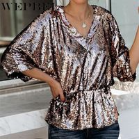 Wholesale Women s T Shirt Mandylandy Women Sexy Sequins Shirt Casual Lady Loose Half V Neck Sleeve Top Night Club Wear Party Plus Size