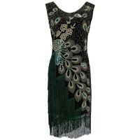 Wholesale Plus Size Women s Flapper Dress Vintage V Neck Sleeveless Peacock Embroidery Great Gatsby Dress Sequin Fringe Party Dress